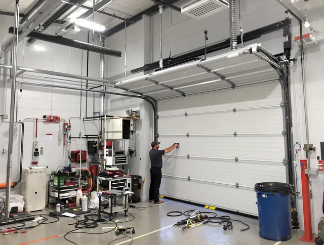 Cuyahoga Falls Garage Door Repair certified technician performing commercial door repair at a Cuyahoga Falls business facility