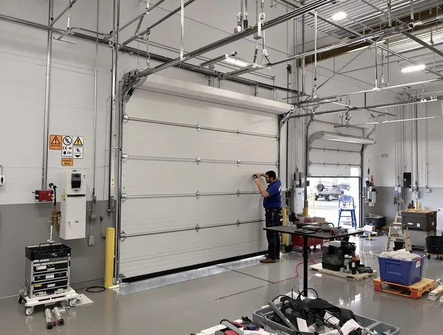 Commercial garage door repair being performed by Cuyahoga Falls Garage Door Repair expert in Cuyahoga Falls