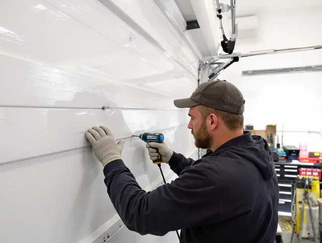 Cuyahoga Falls Garage Door Repair technician demonstrating precision dent removal techniques on a Cuyahoga Falls garage door