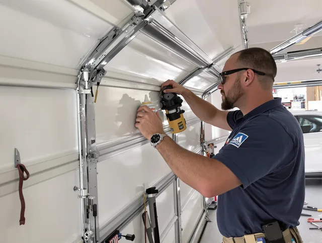 Cuyahoga Falls Garage Door Repair technician quieting a noisy garage door in Cuyahoga Falls