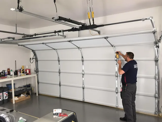 Cuyahoga Falls Garage Door Repair certified technician performing overhead door system repair in Cuyahoga Falls