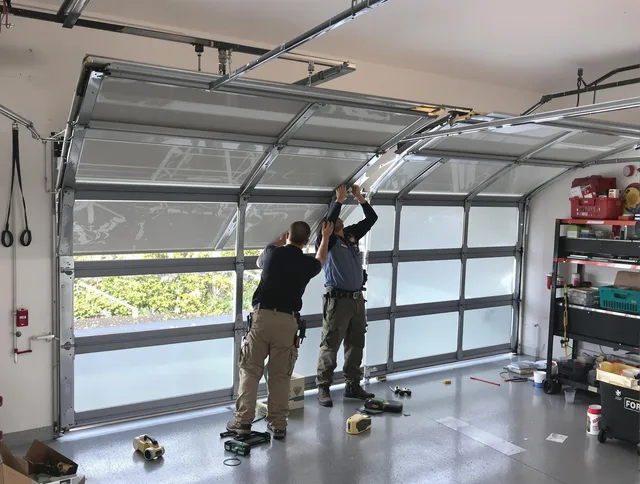 Cuyahoga Falls Garage Door Repair expert performing precise panel replacement on Cuyahoga Falls garage door