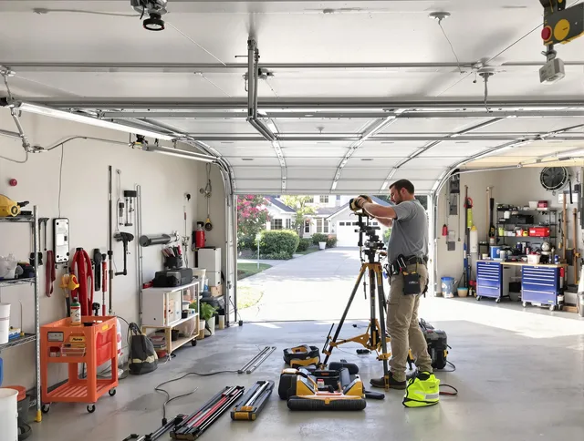Cuyahoga Falls Garage Door Repair specialist performing laser-guided track alignment in Cuyahoga Falls